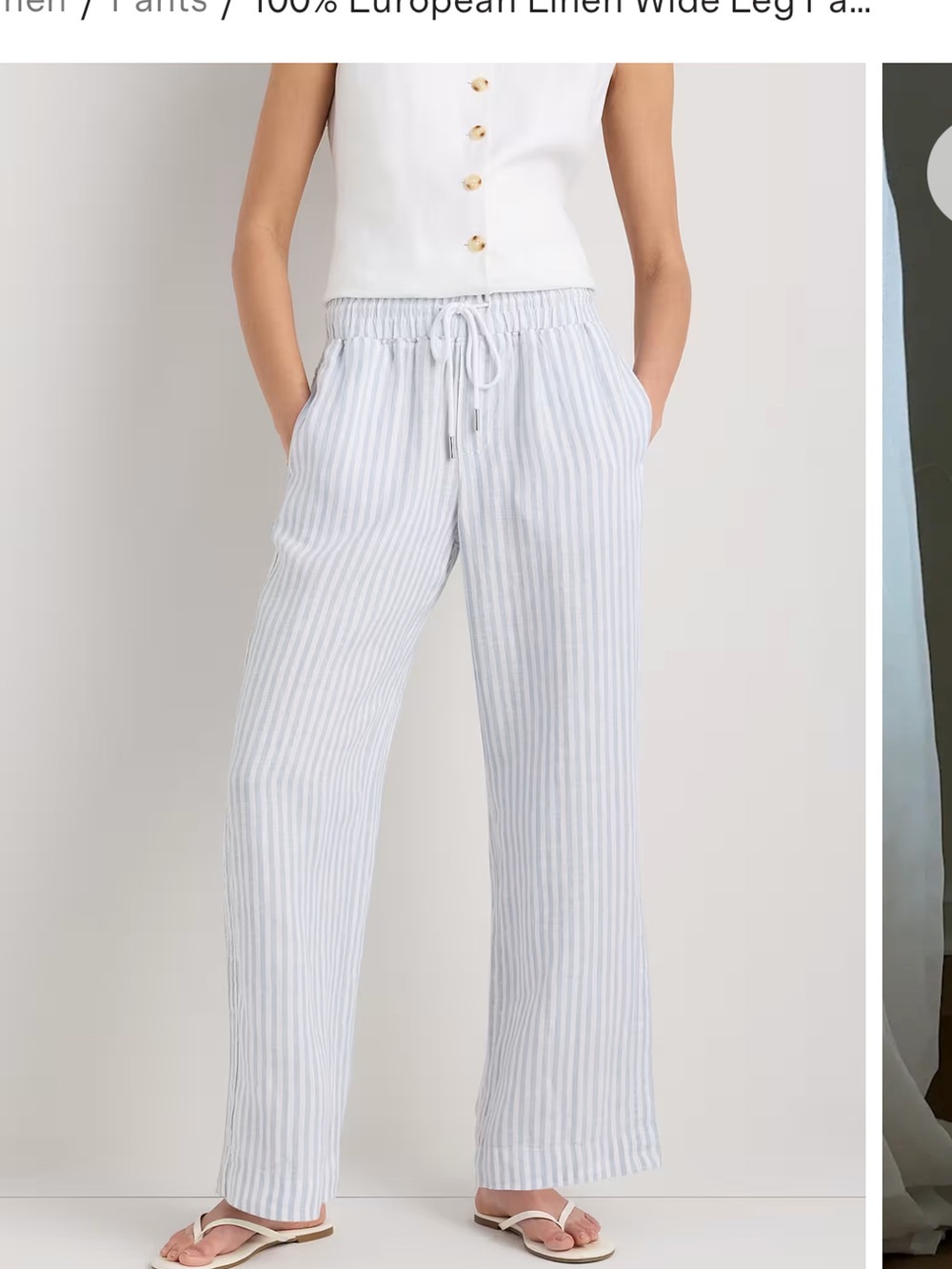 Quince 100% European Linen Wide Leg Pants Sky Blue Mariner Stripe